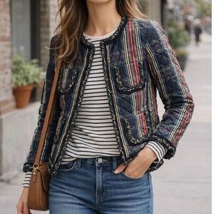 🤎 J. Crew Women’s Quilted Jacket Stewart Plaid Braided Trim Collarless Lined - 6